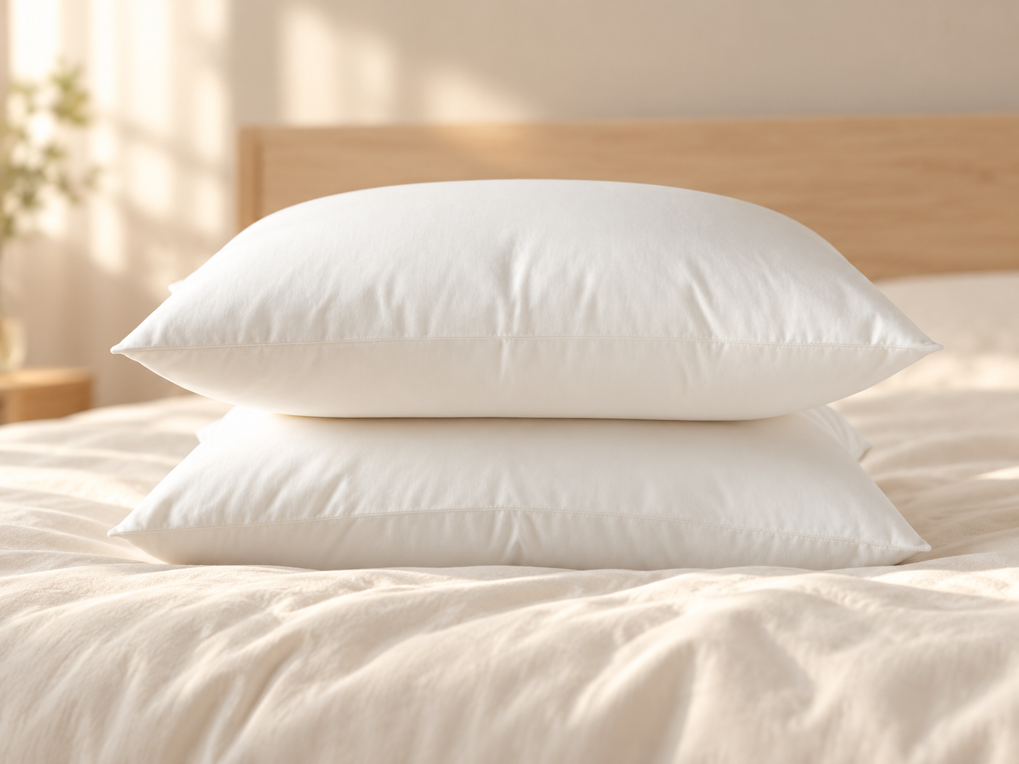 Two white Pearl Cotton pillows on an ivory bed
