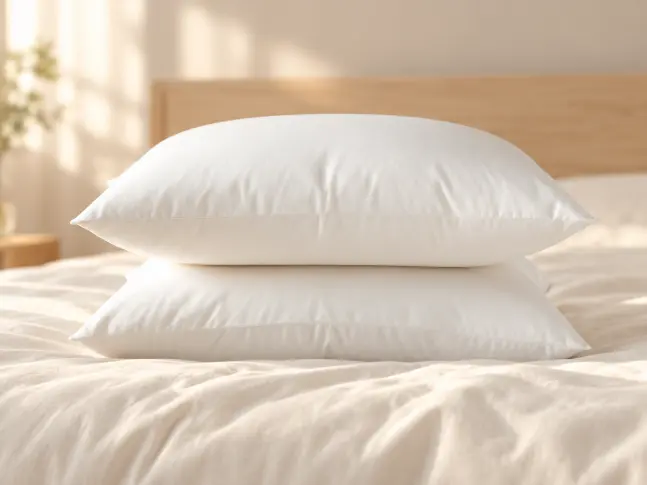 Two white Pearl Cotton pillows on an ivory bed