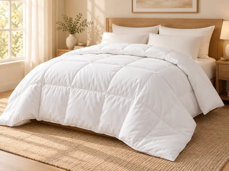 White cotton down alternative duvet on a pale oak bed