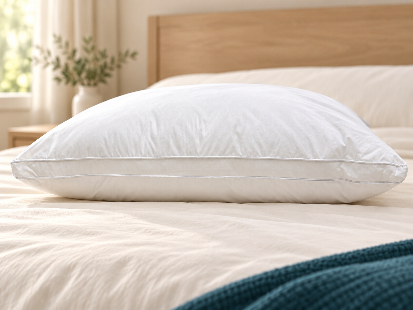 White temperature balancing pillow with double piping on an ivory bed