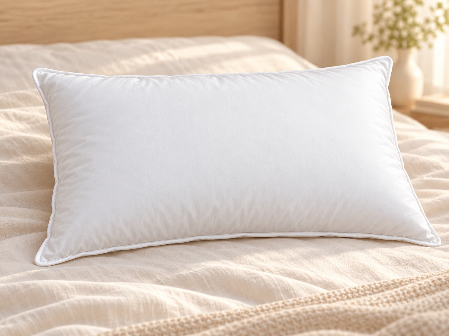 White self-piped triple chamber pillow on an ivory bed