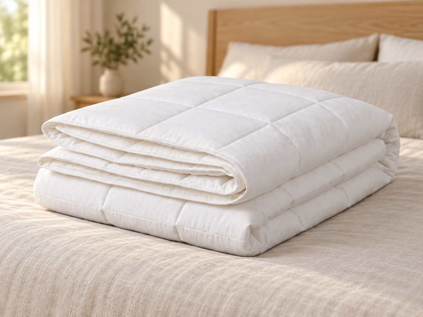 White feather fibre duvet folded on a cream bed