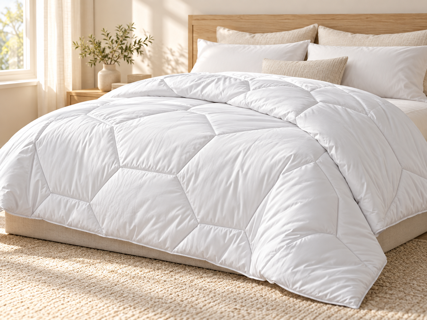 White Tencel cooling duvet with polygon stitching on an ivory bed
