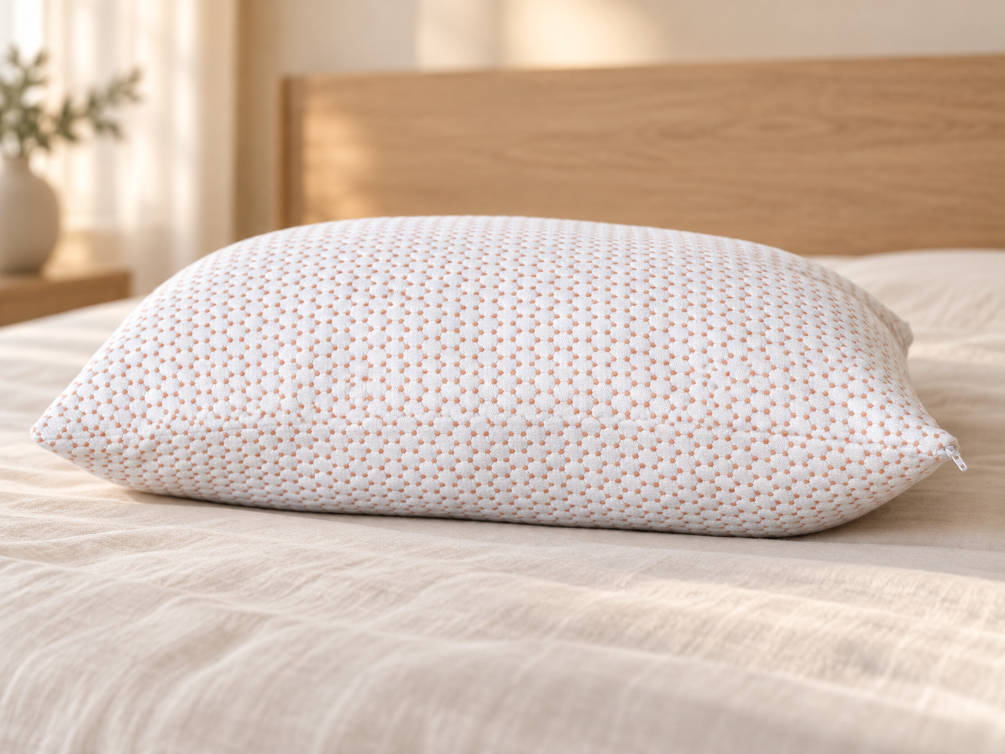 Copper patterned zippered pillow on an ivory bed