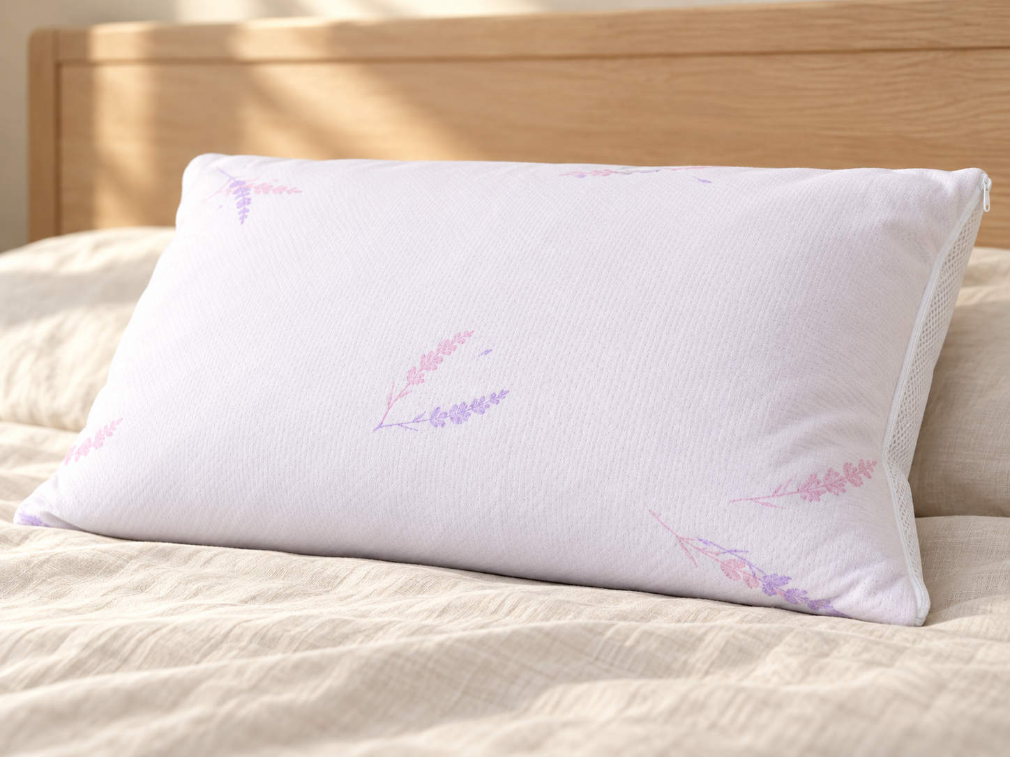 Lavender sprig patterned pillow with mesh gusset on an ivory bed