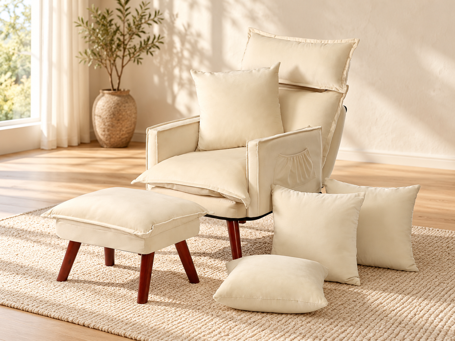 Cream velvet chair and ottoman in a warm living room