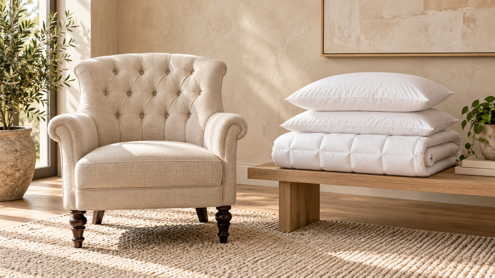 Cream accent chair, cotton pillows and folded white duvet in a warm neutral room