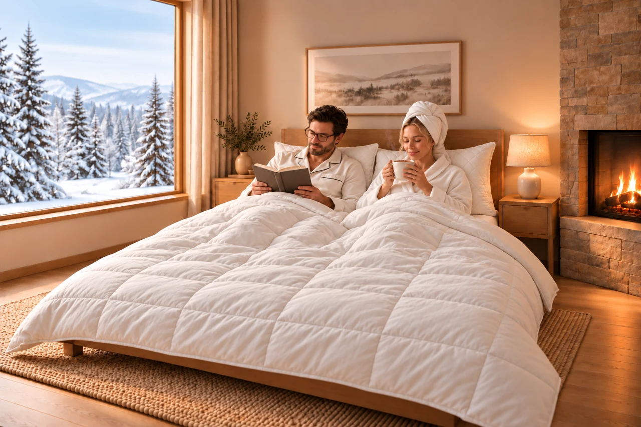 Couple relaxing beneath a Winterhaven wool duvet, reading and enjoying hot chocolate beside a snowy window and fireplace